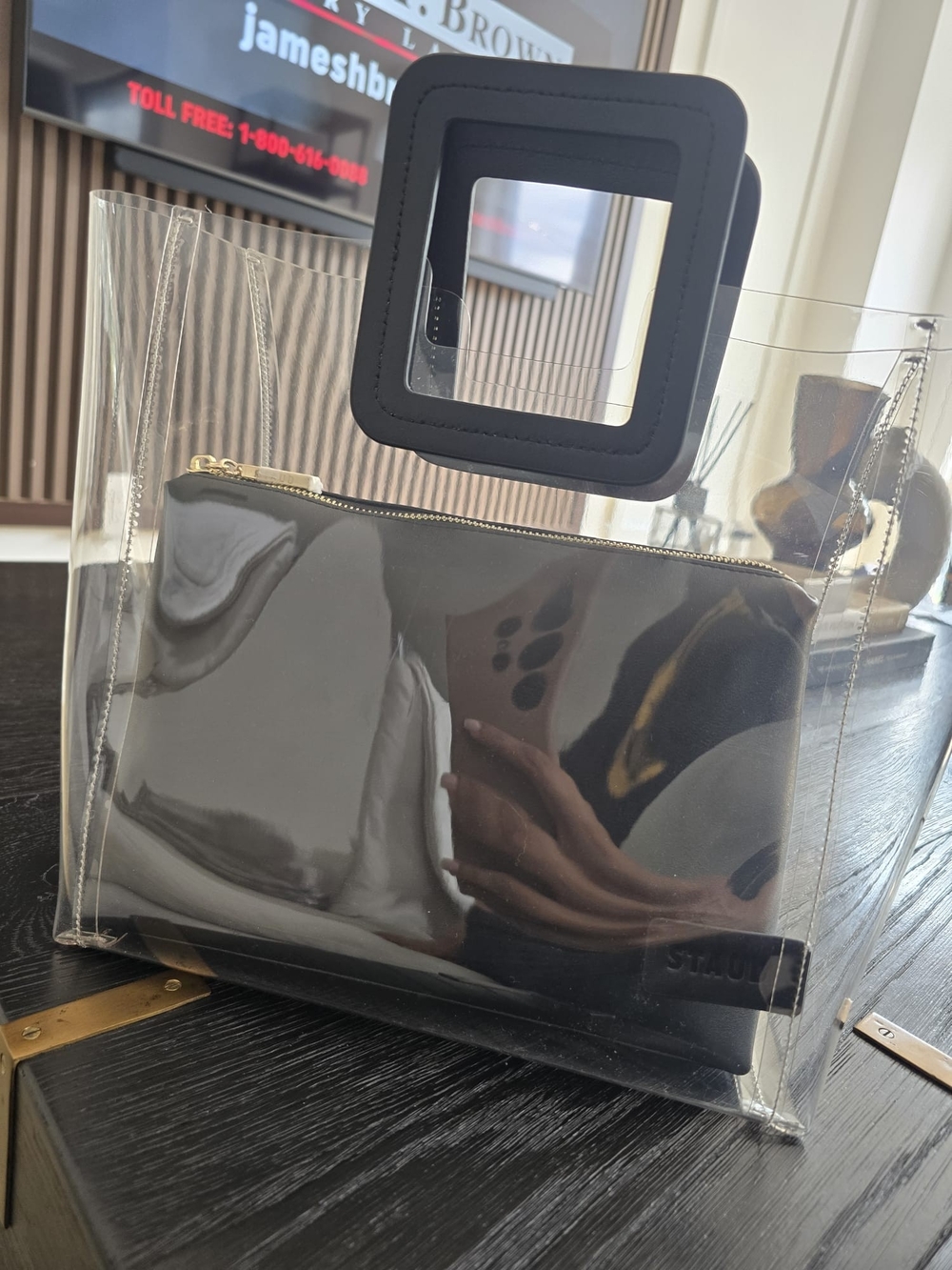STAUD Clear Tote with Black Square Handle and Black Pouch
